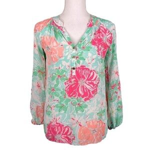 Lilly Pulitzer Poolside Blue Beach Walk Elsa 100% Silk Top Size XS